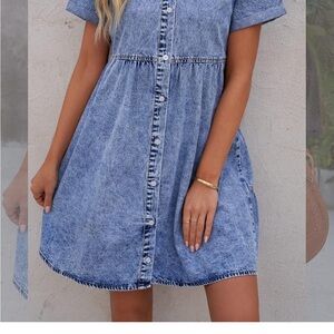 Casual Blue Button-Up Denim Dress